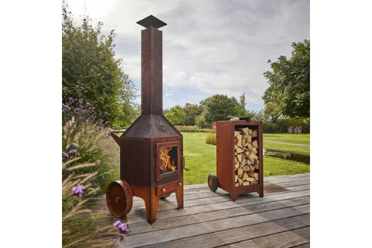 RB73 Bijuga Outdoor Wood Fireplace With 2 Wheels & Push Bar