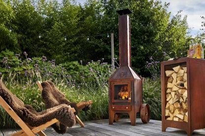 RB73 Bijuga Outdoor Wood Fireplace With 2 Wheels & Push Bar