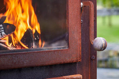 RB73 Bijuga Outdoor Wood Fireplace With 2 Wheels & Push Bar