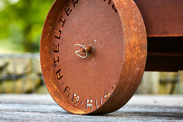 RB73 Bijuga Outdoor Wood Fireplace With 2 Wheels & Push Bar