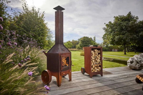 RB73 Bijuga Outdoor Wood Fireplace With 2 Wheels & Push Bar