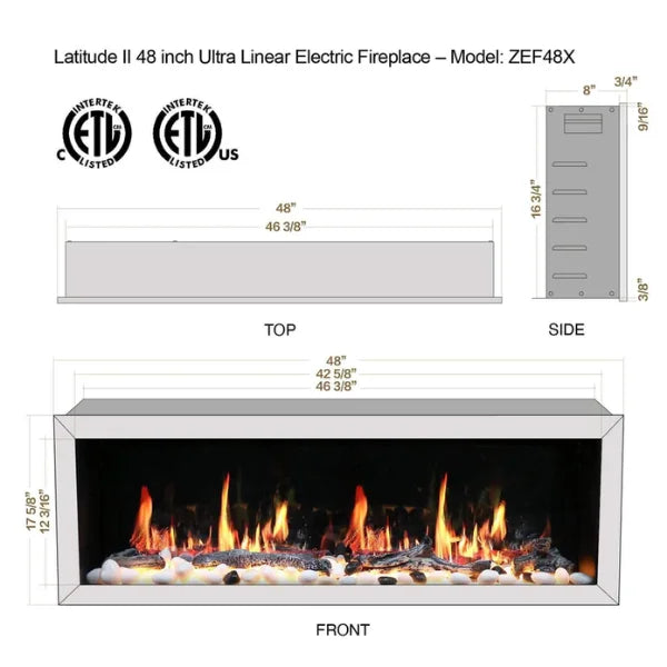 Litedeer 48" Gloria II Push-In Contemporary Smart Linear Vent-Free Built-In Electric Fireplace ZEF48XS