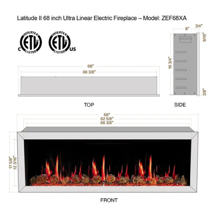 Litedeer Homes Latitude II 68" Seamless Push-in Electric Fireplace With Luster Copper Reflective Fire Glass - ZEF68XA