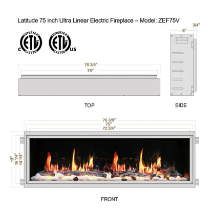 Litedeer Homes Latitude 75" Black Ultra Slim Built-in Linear Smart Electric Fireplace With Driftwood Log & River Rock - ZEF75V