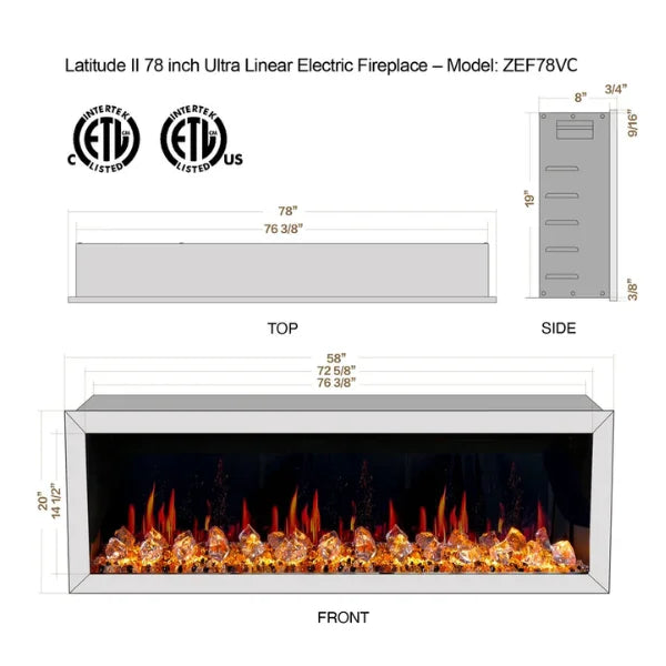 Litedeer Latitude II 78" Vent-Free Seamless Push-In Electric Fireplace with Acrylic Crushed Ice Rocks ZEF78VC