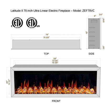 Litedeer Latitude II 78" Vent-Free Seamless Push-In Electric Fireplace with Acrylic Crushed Ice Rocks ZEF78VC