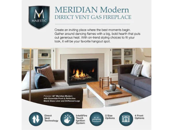 Majestic Meridian Modern 42" Traditional/Contemporary Top Direct Vent Natural Gas Fireplace with IntelliFire Touch ignition System