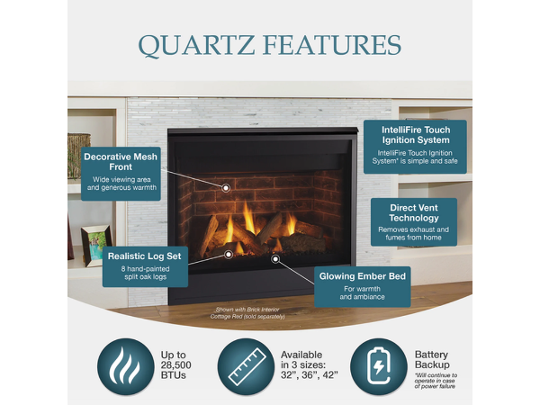 Majestic Quartz 42" Traditional Top/Rear Direct Vent Natural Gas Fireplace with IntelliFire Touch Ignition System