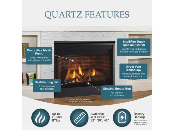 Majestic Quartz Platinum 36" Traditional Top/Rear Direct Vent Natural Gas Fireplace with IntelliFire Touch Ignition System