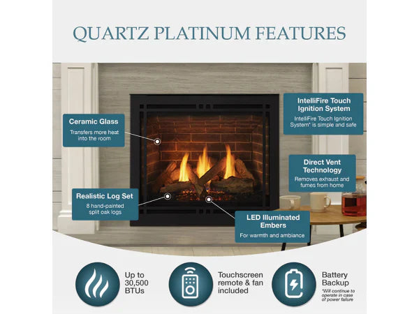 Majestic Quartz Platinum 36" Traditional Top/Rear Direct Vent Propane Gas Fireplace with IntelliFire Touch Ignition System