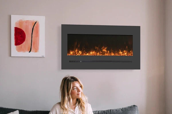 Amantii Sierra Flame Linear Series 34" Wall Mount or Flush Mount Electric Fireplace With Steel Surround & Glass Media | WM-FML-34-4023-STL